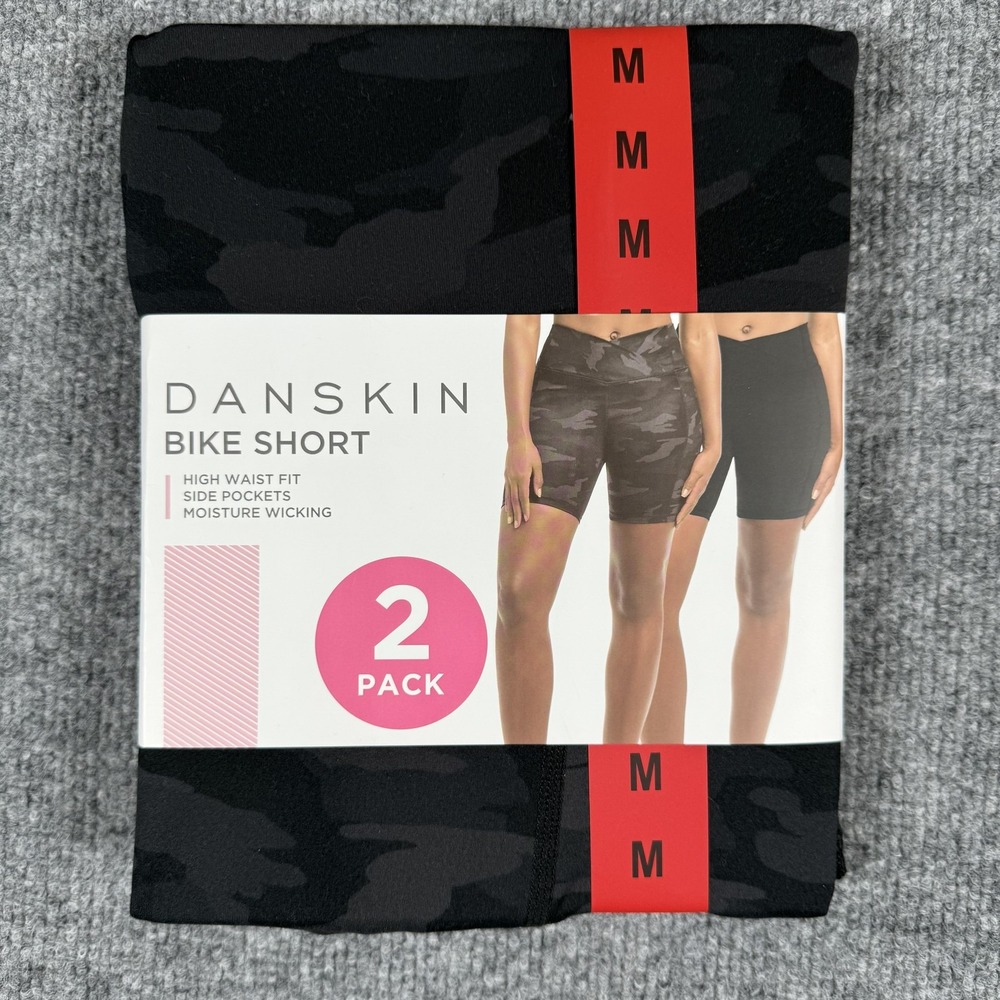 Danskin Bike Shorts Womens Medium Black Salt Camo 2 Pack High Waist Side Pockets
